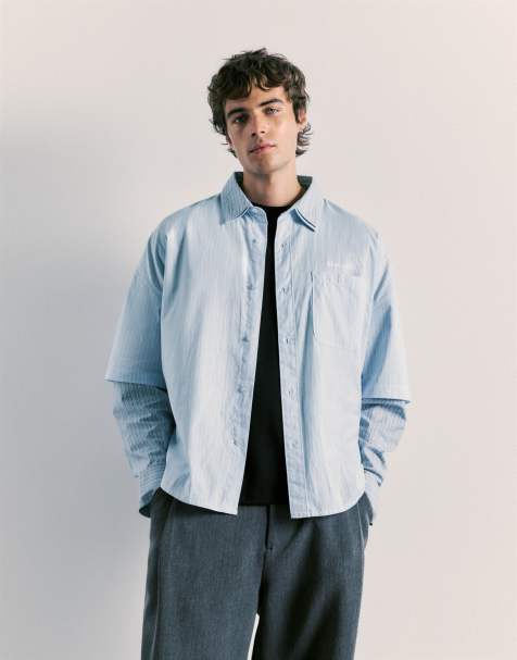 Pull&Bear Double long sleeve striped shirt in blue - view 1