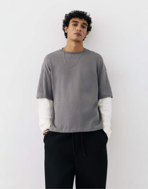 Pull&Bear Double long sleeve t-shirt in grey - view 1