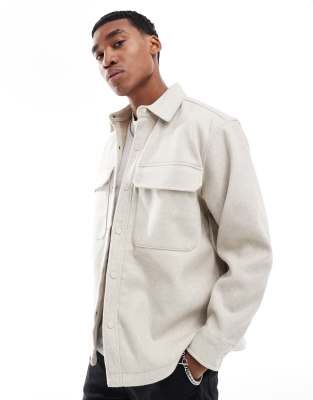 Pull & Bear Double Pocket Shacket In Ecru-neutral