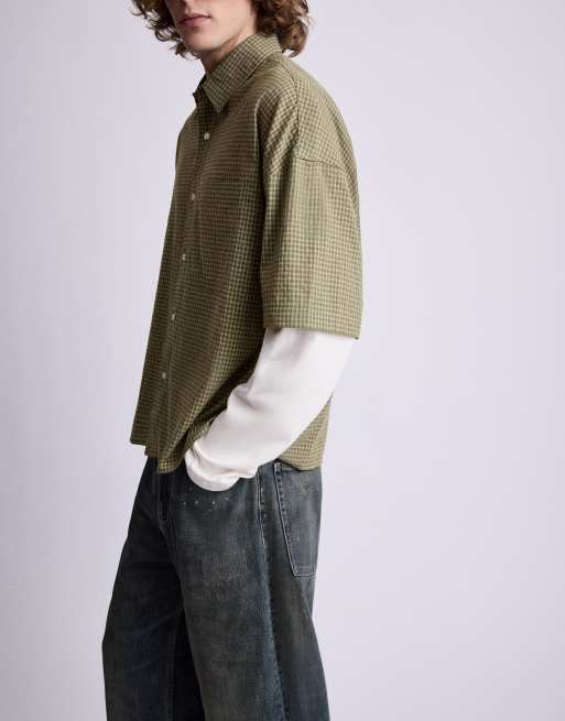 Pull&Bear Double sleeve check shirt in yellow, 4 of 7