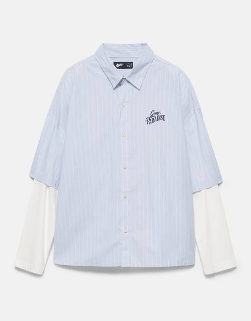 Pull&Bear Double sleeve graphic shirt in pale blue, 5 of 7