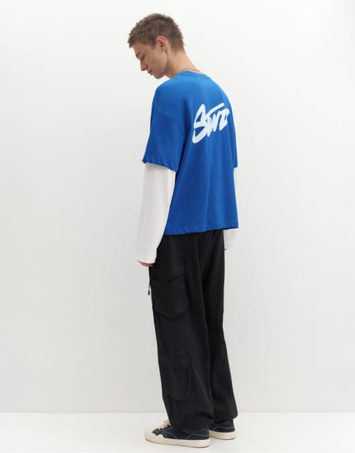 Pull&Bear Double sleeve t-shirt in deep blue, 2 of 7