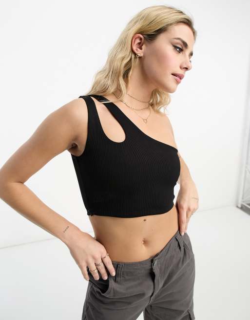 Pull Bear double strap one shoulder crop top in black