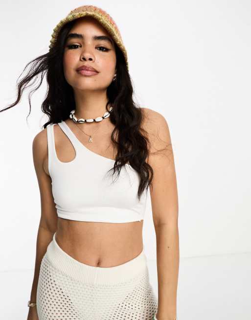 Pull Bear double strap one shoulder crop top in white ASOS