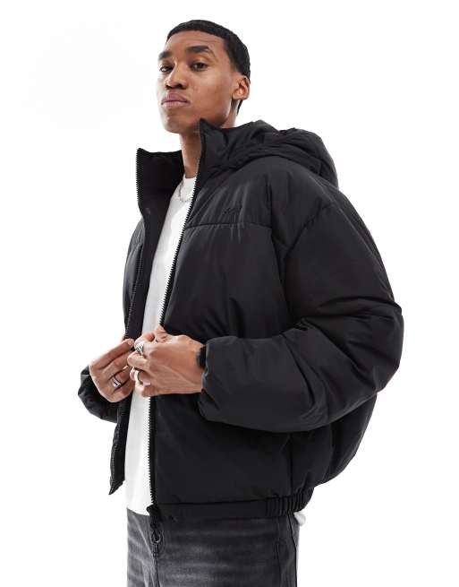 Pull&Bear - Doudoune à capuche coupe carrée - Noir
