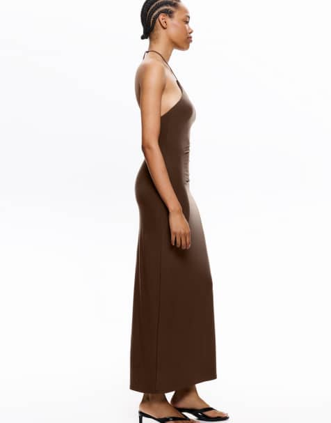 Pull&Bear draped halterneck midi dress in brown - view 1