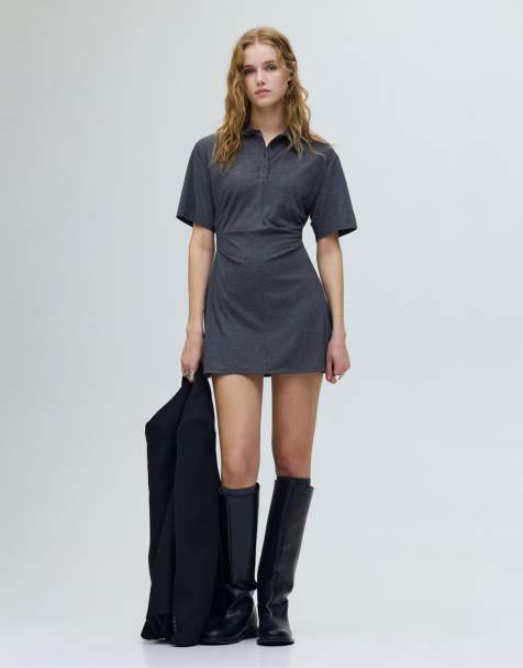 Pull&Bear Draped polo collar dress in grey marl - view 1