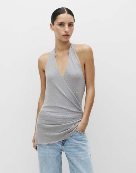 Pull&Bear Draped rhinestone halter top in grey