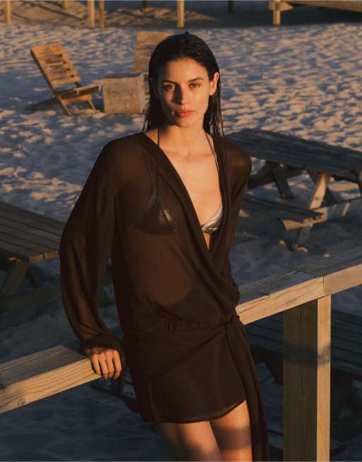 Pull&Bear Draped wrap dress in brown, 5 of 7