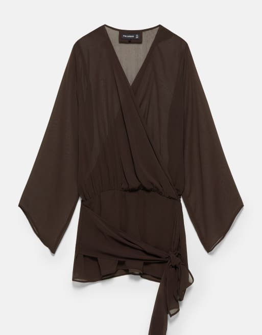 Pull&Bear draperad omlottklänning i brun, 6 av 7