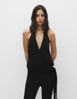 Pull & Bear - Drapierter Neckholder-Body in Schwarz