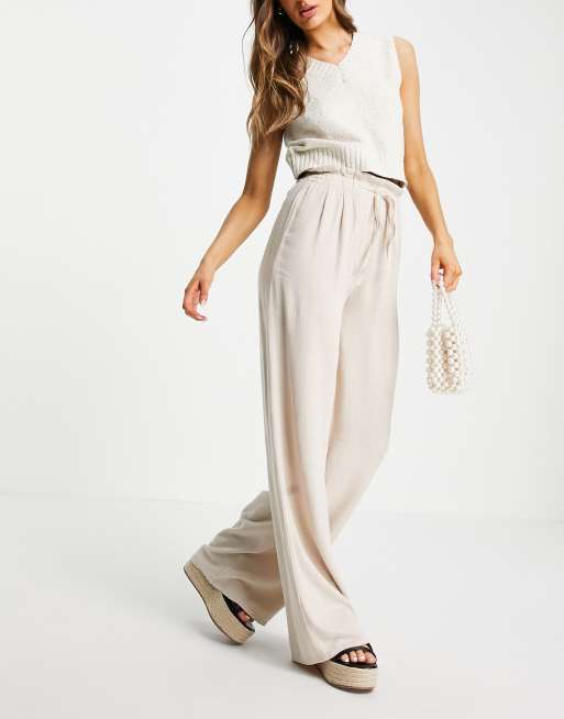 Pull&Bear drawstring elasticated linen trousers in ecru