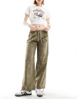 Pull & Bear Drawstring Hem Relaxed Poplin Pants In Washed Khaki-green