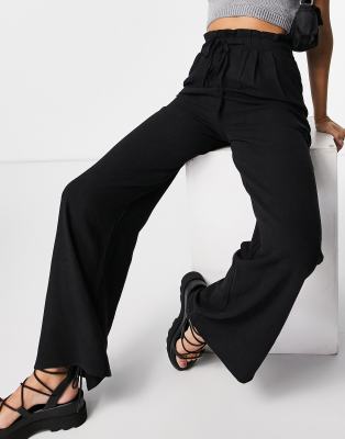 Pull & Bear Drawstring Linen Pants In Black In Black