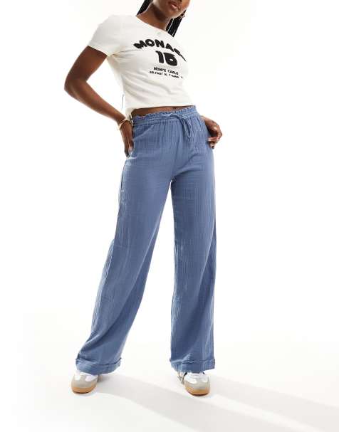 Pull&Bear drawstring waist crinkle finish trouser in blue - view 1