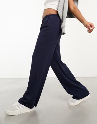 Pull&Bear drawstring waist linen trouser in navy