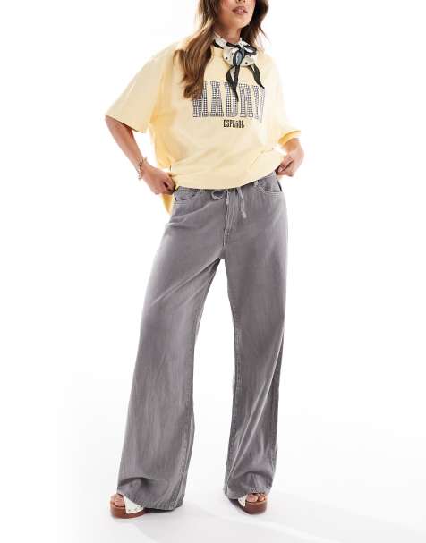 Pull&Bear drawstring waist wide leg jeans in grey - view 1