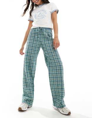 Pull & Bear Drawstring Waist Wide Leg Pants In Green Plaid