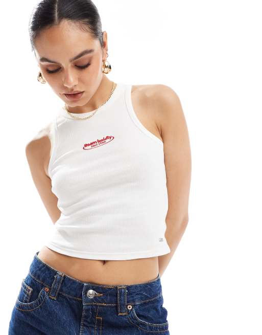 Pull&Bear 'Dream' graphic racer singlet in white