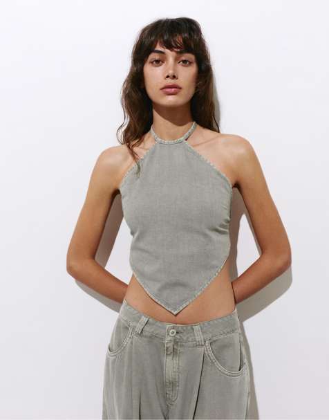 Pull&Bear – Dreieckiges Oberteil in Taupe mit Rückenausschnitt - view 1