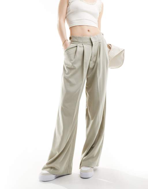 Pull&Bear - Dubbel geplooide elegante broek met wijde pijpen in stone