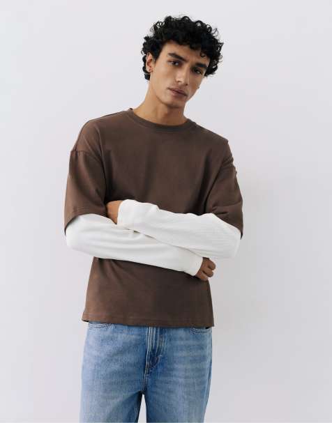 Pull&Bear dubbel T-shirt met lange mouwen in bruin - view 1