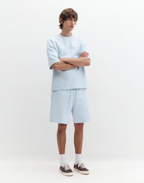 Pull&Bear - Dubbelgebreide bermuda joggingshort in lichtblauw - view 1