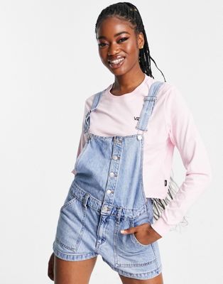 Pull&Bear dungaree denim playsuit with button front detail in blue