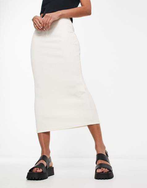 Pull&Bear - Ecru ribstrikket midaxi-nederdel - view 1