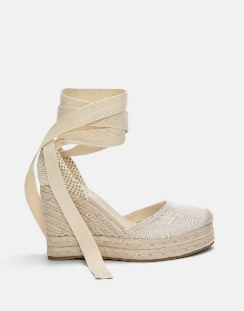 Pull&Bear - Ecrufarvede espadrille-sko med kilehæl - view 1