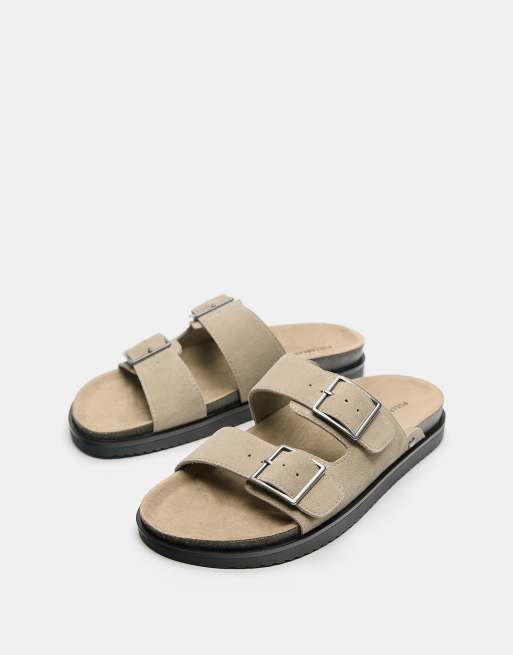 Pull&Bear - Ecrufarvede flade sandaler med spænde i læder, 2 af 4