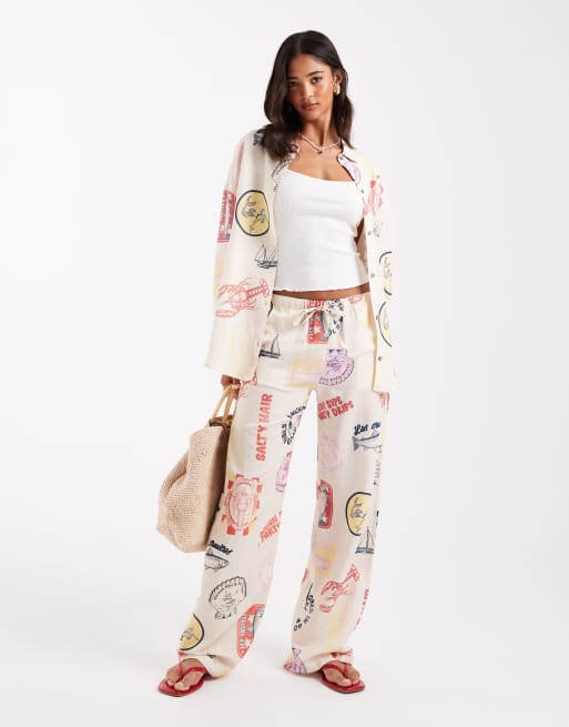 Pull&Bear - Ecrufarvede sommerbukser med print - Del af sæt