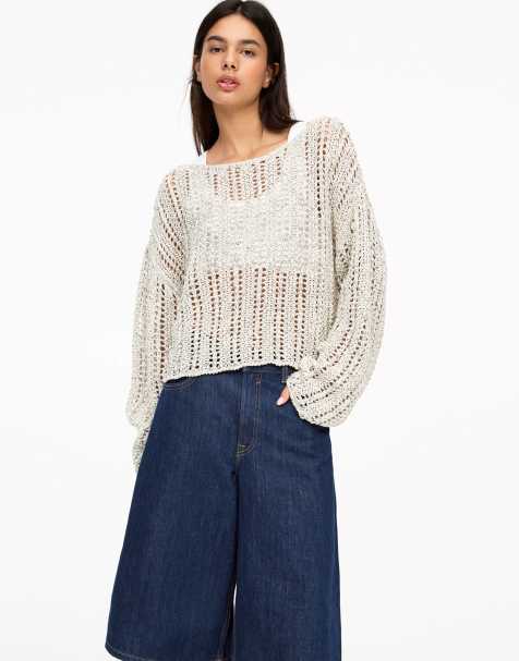 Pull&Bear - Ecrufarvet hæklet cropped trøje med offshoulder-snit - view 1