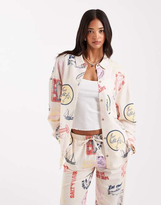 Pull&Bear - Ecrufarvet sommerskjorte med print - Del af sæt