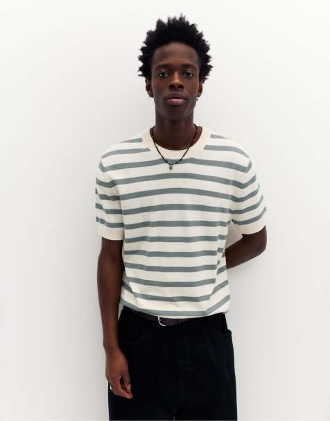 Pull&Bear - Ecrufarvet trøje med korte ærmer og kakigrønne striber - view 1