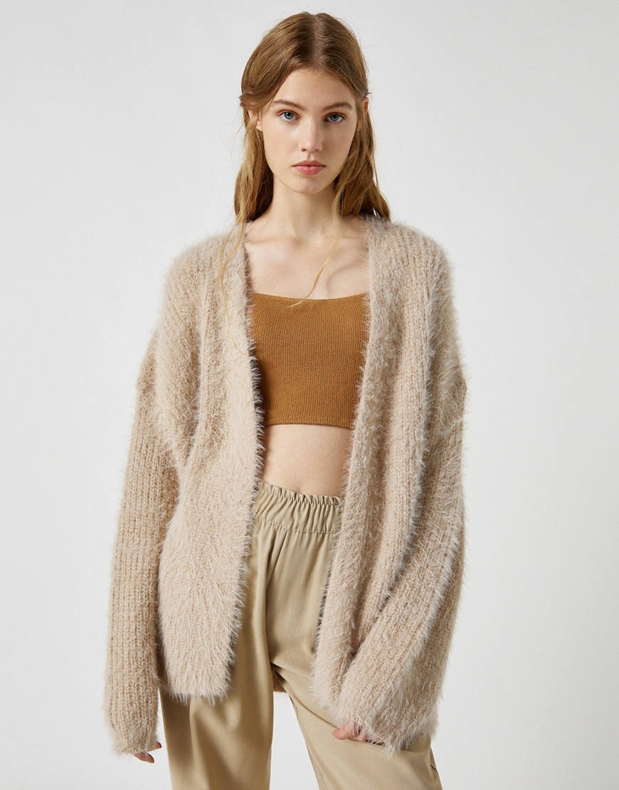 Pull & Bear edge-to-edge fluffy cardigan in beige-Brown