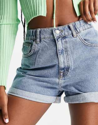Pull&Bear elasticated waist denim mom shorts in light blue