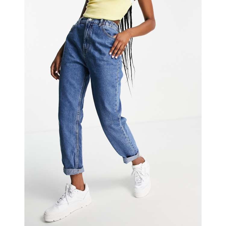 Pull&bear elasticated waist mom jean in medium blue