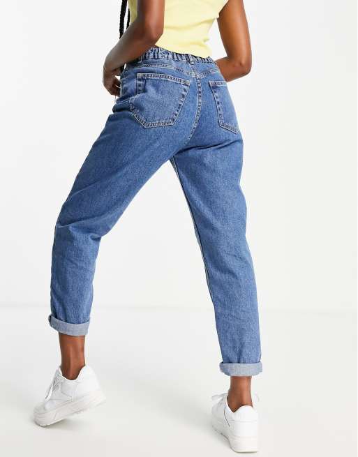 Pull&bear elasticated waist mom jean in medium blue