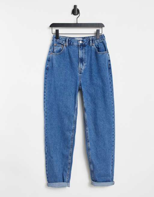 Pull&bear elasticated waist mom jean in medium blue