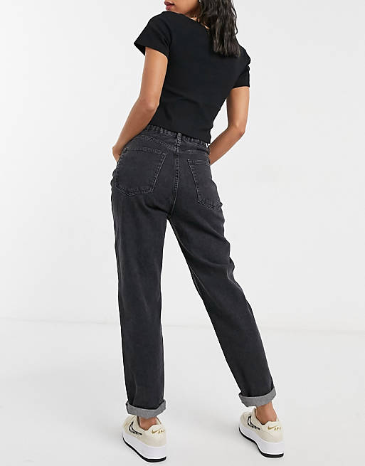 Pull&Bear elasticated waist mom jean in washed black