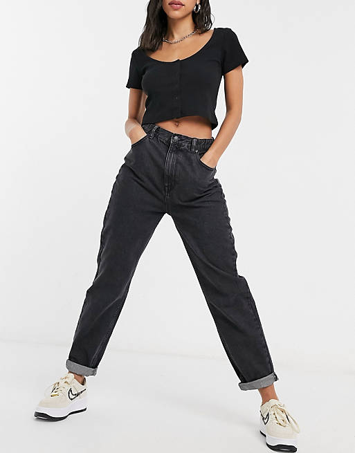 Jeans Pull&Bear elasticated waist mom jean in washed black 