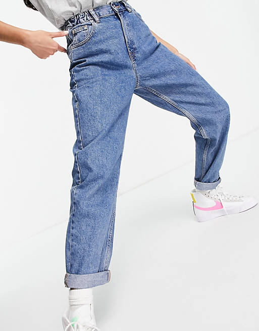 Pull&Bear elasticated waist mom jeans in washed blue