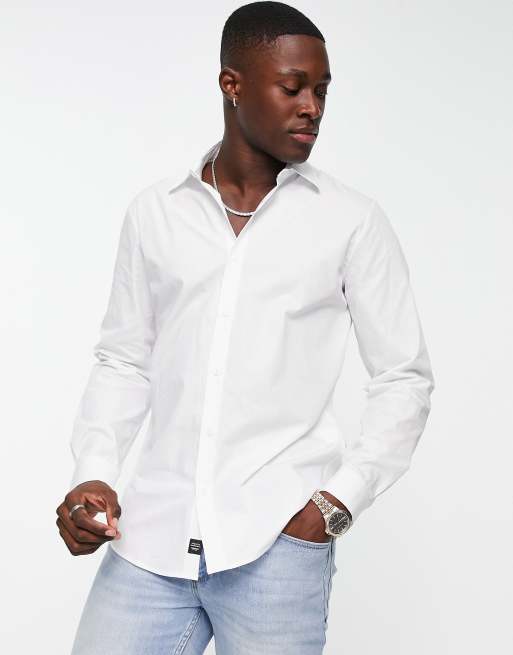 Pull&Bear - Elegant poplin-skjorte med lange ærmer i hvid
