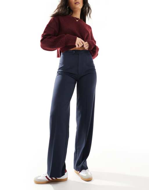 Pull&Bear - Elegante broek met hoge taille en rechte pijpen in marineblauw