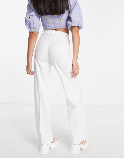 Pull&Bear - Elegante broek met rechte pijpen, hoge taille en siernaad aan de voorkant in wit, 2 van 4