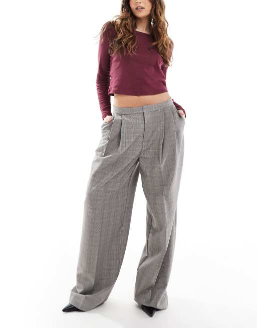 Pull&Bear - Elegante broek met ruiten, wijde pijpen en figuurnaden in grijs