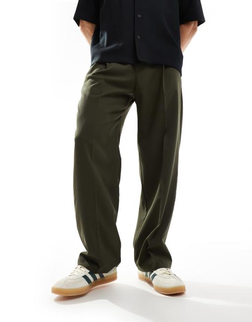 Pull&Bear - Elegante broek met wijde pijpen in kaki