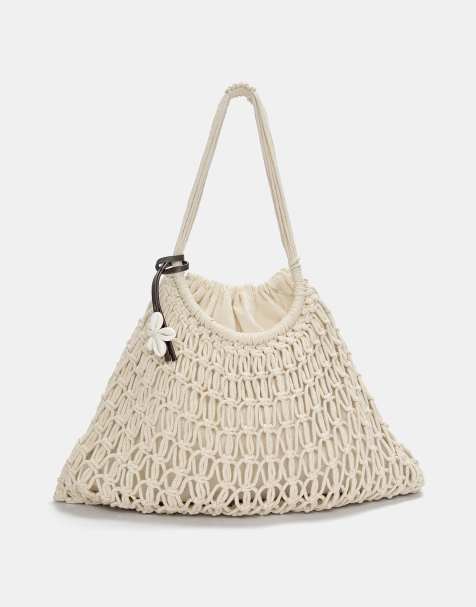Pull&Bear embellished crochet shopper bag in ecru - view 1