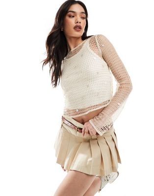 Pull & Bear Embellished Crochet Strappy Back Top In Off White